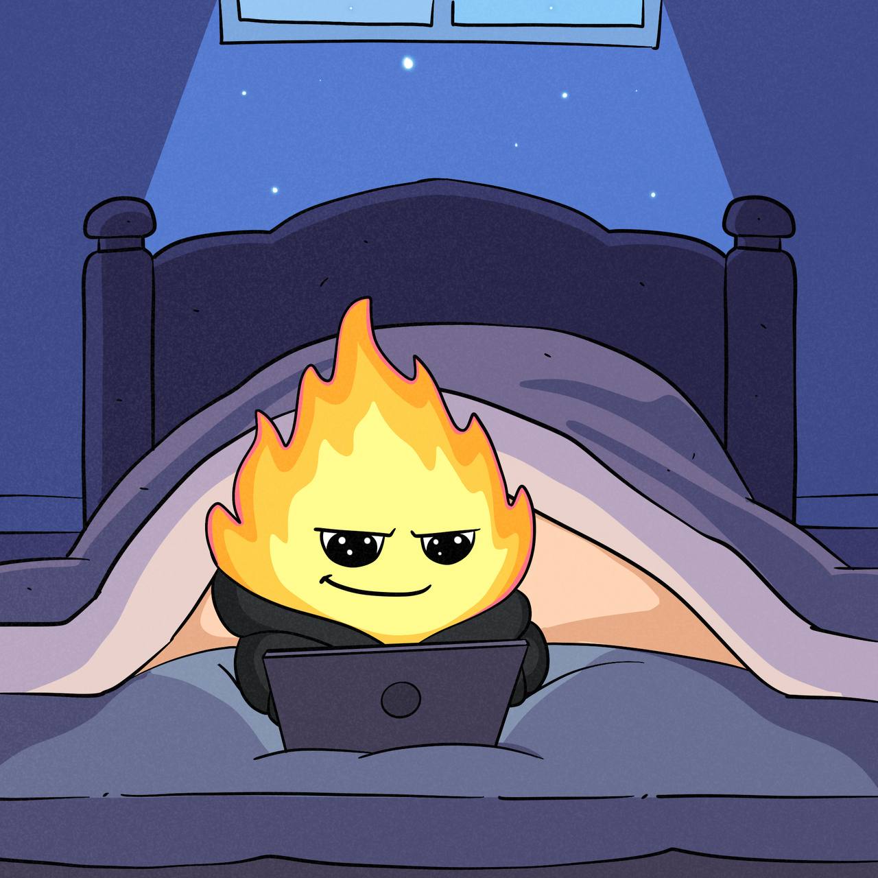 Fire Boy under the covers watching the charts on his laptop
