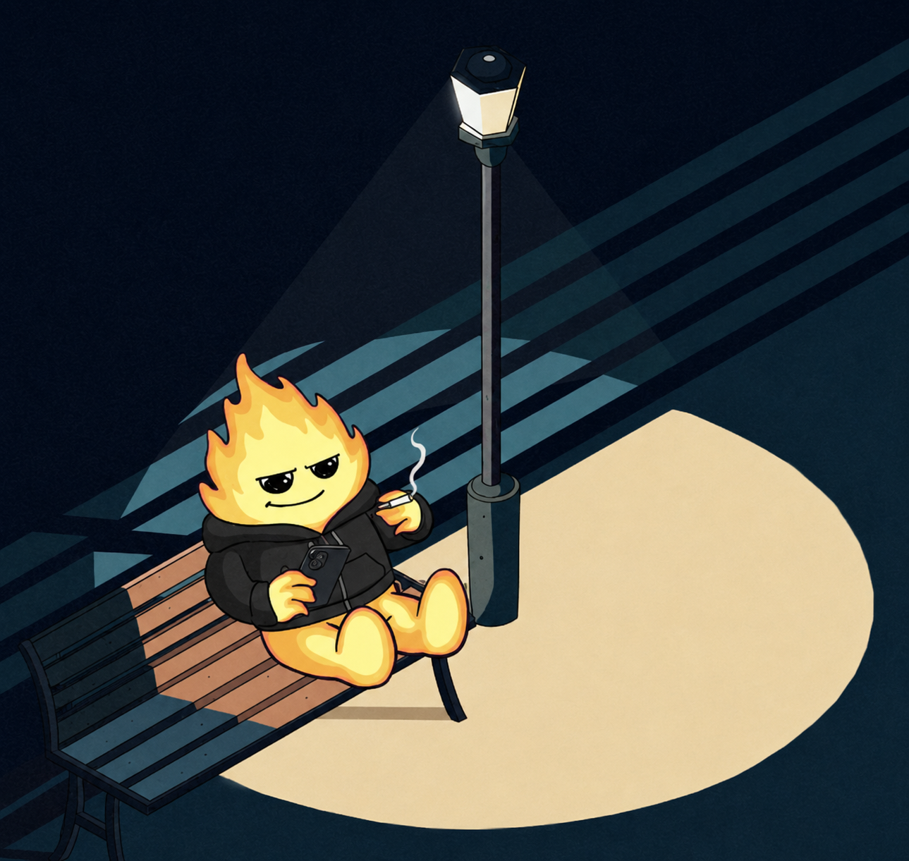 Fire Boy, the $FIRE mascot, standing in his black hoodie